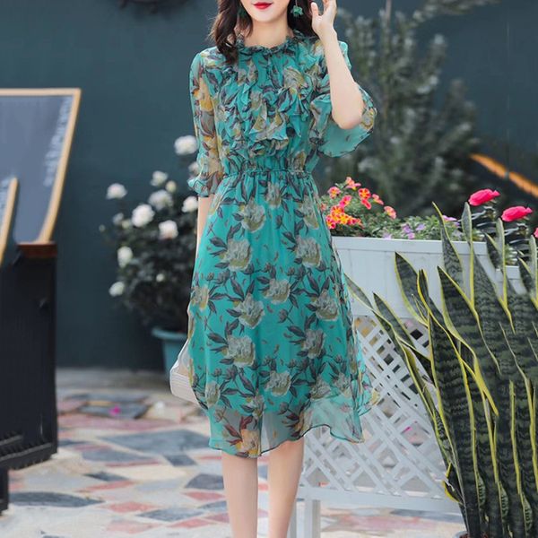 

womens designer crepe de chine dress elegant temperament ruffled horn sleeve printed silk skirtzmto, Black;gray
