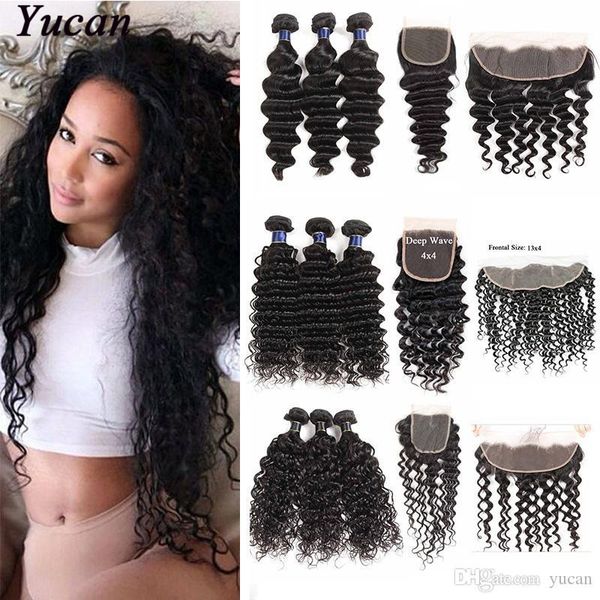 

lace frontal with 3 bundles brazilian water wave loose deep virgin human hair weaves peruvian indian malaysian hair wefts with closure, Black;brown