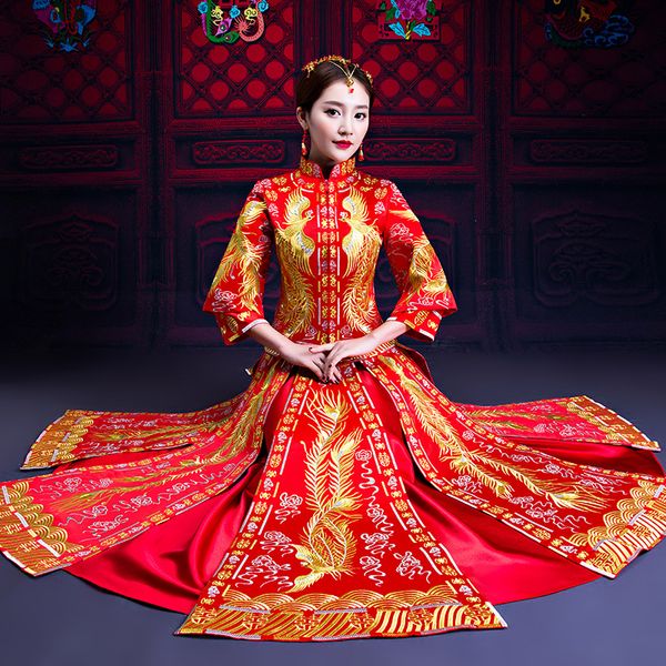 

red exquisite embroidery female cheongsam suit plus size s-xxxl phoenix royal bride dress vintage long qipao toast clothes
