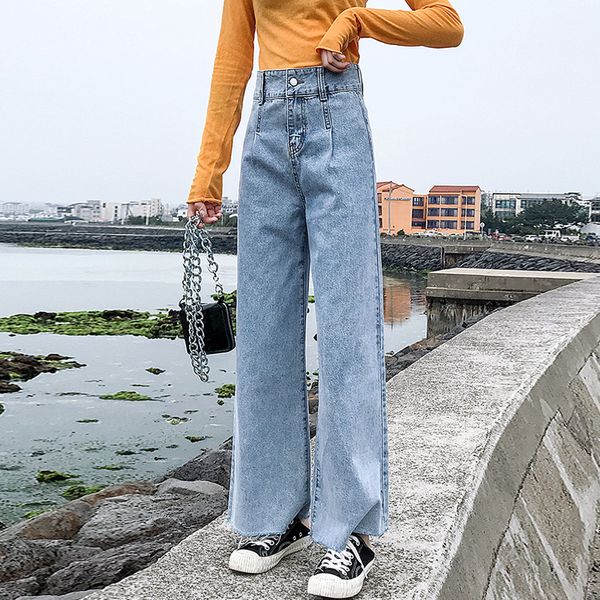

2019 wide leg jeans female autumn new high waist straight small one nine points drape loose, Blue