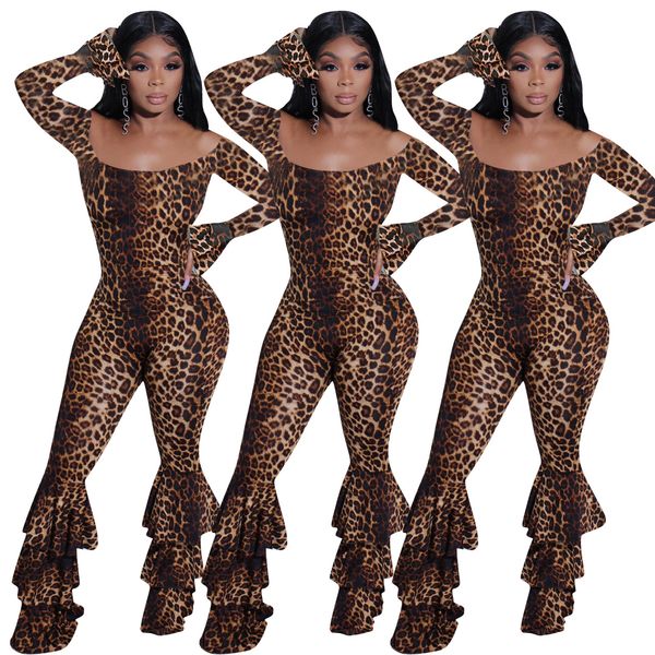 

women boat neck long flare sleeves bodycon jumpsuit animal leopard print slim rompers party casual clubwear ruffled bell bottoms jumpsuit, Black;white
