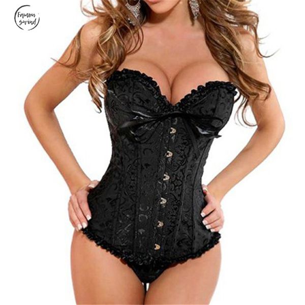 

women slim satin corset brocade floral bustier lace up back lingerie bodyshaper waist shapewear, Black;white