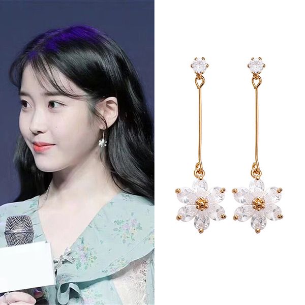 

korean tv dramas star sweet simple zircon flower long earrings fresh lovely temperament for girl aretes de mujer jewelry gifts, Silver