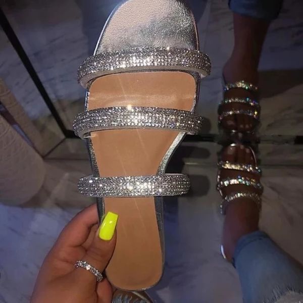 

oeak 2020 new popular female beach sippers women sandals shiny rhinestone flat sandals comfort ladies slipper dropshipping, Black