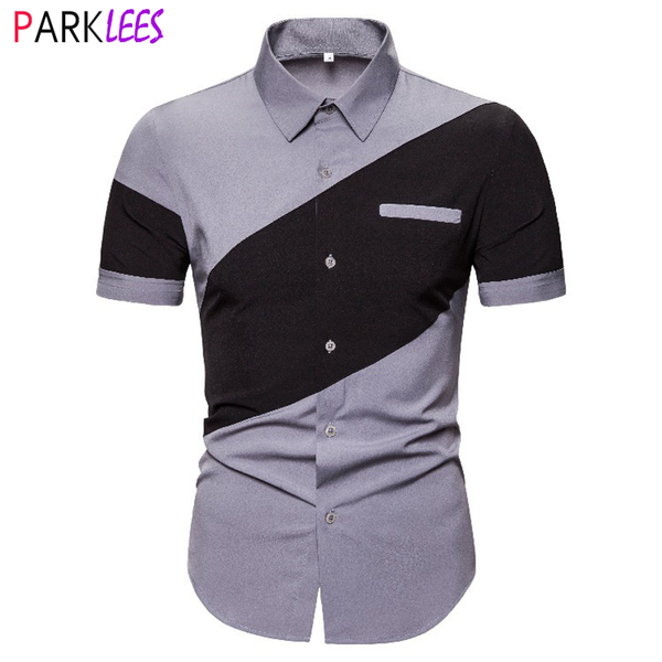 

fashion hit color shirt men 2020 summer slim fit short sleeve mens dress shirts brand patchwork design male social shirt chemise, White;black