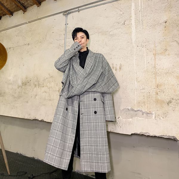 

2019 men double breasted patchwork loose casual long plaid trench jacket male women vintage streetwear overcoat windbreaker coat, Tan;black