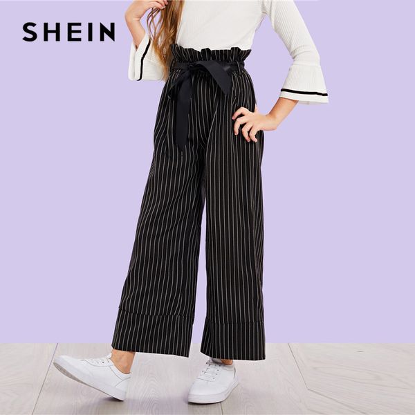 

shein black girls vertical striped belted casual pants girls leggings 2019 spring fashion wide leg pants korean kids clothes, Blue