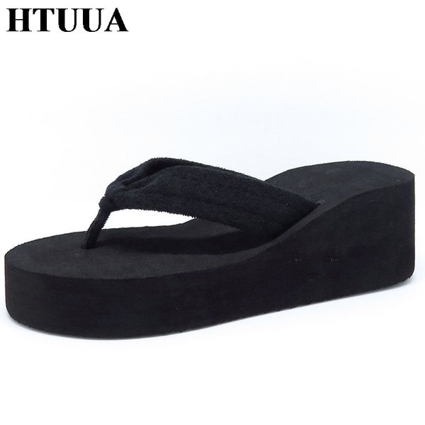 

htuua casual flip flops shoes women wedges platform slippers cozy thick heel sandals summer shoes beach slipper size 36-41 sx055, Black