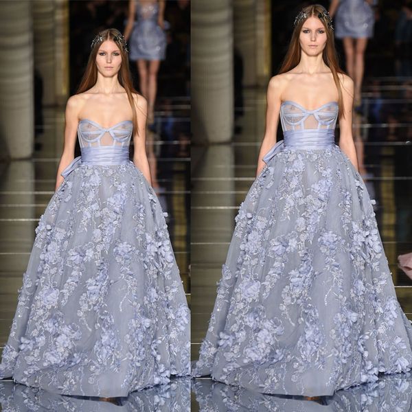 Lüks Zuhair Murad Abiye Straplez 3D Çiçek Aplike Red Carpet törenlerinde Yeni Hüsniye Moda Pist Moda Elbise