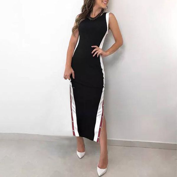 

women summer dress sleeveless o neck high split stripe button party bodycon dresses women summer dress 2019 vestidos new, Black;gray