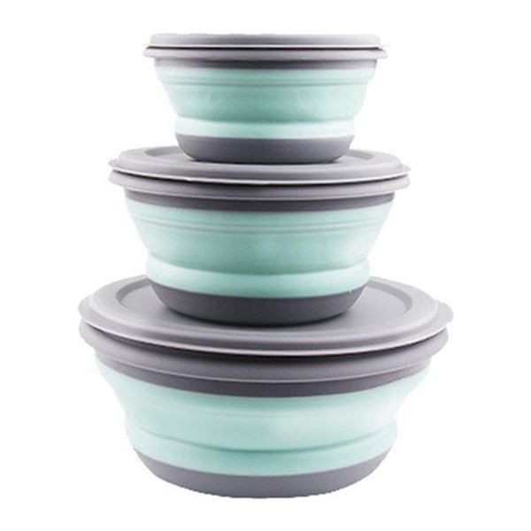 

новый 3шт / set bowl наборы силиконовый складной lunch box портативный складной салат с крышкой синий столовой посуды наборы