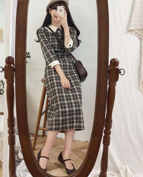 

plus size autumn dress girls boho party female vintage dress plaid buttons collar long sleeve women dresses long robe vestido, Black;gray