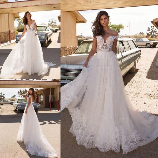 

milla nova 2019 elegant a line wedding dresses lace applique sheer neck bridal gowns country bohemian boho backless wedding dress, White