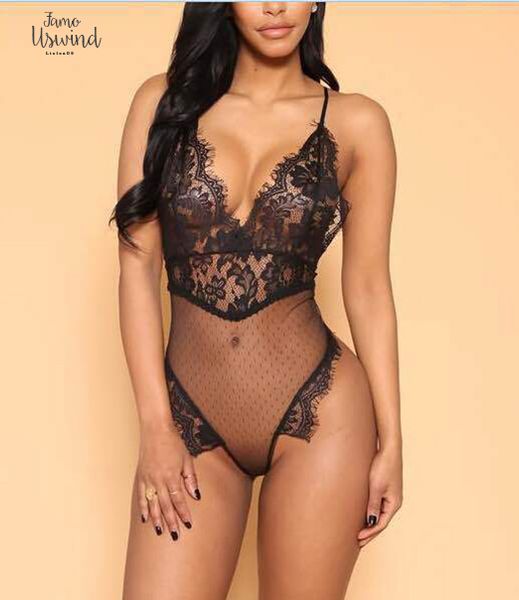 

lace women fashion romper jumpsuit spaghetti strap deep v neck overalls see through mesh sheer lace bodysuits backless, Black;white