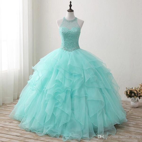 

Mint green beaded quinceanera dre e 2019 new real image crew neck tulle ruffle weet 16 dre e prince dre cu tom made q001