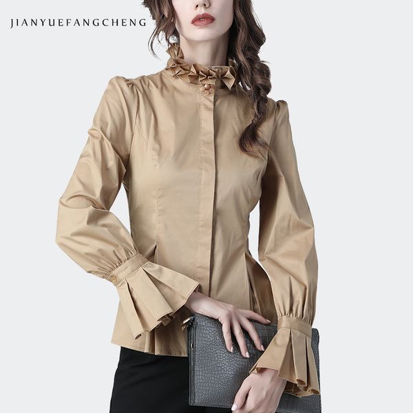 

office ladies shirt elegant stand ruffled collar flared long sleeve cotton pearl beaded draped women peplum and blouses, White