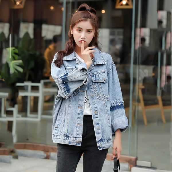 

real swomen's long-sleeved casual loose beaded denim jacket 2019 spring and autumn new retro rivet denim versatile jacket, Black;brown