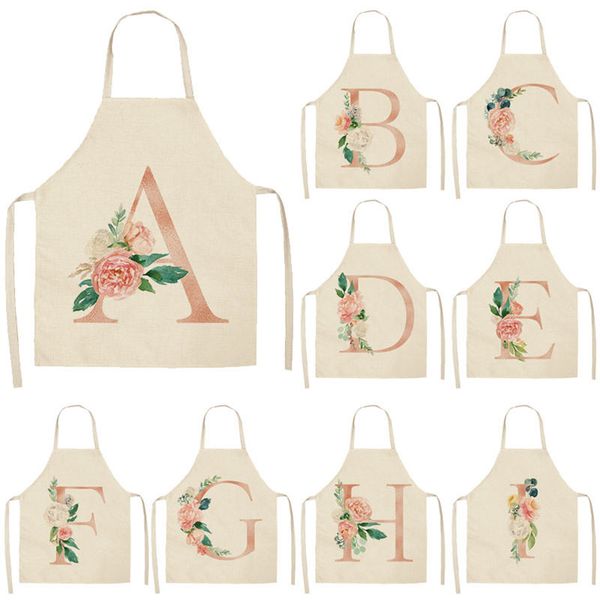 

55*68cm pink letter flower kitchen aprons for women cotton linen bibs household cleaning pinafore home cooking apron