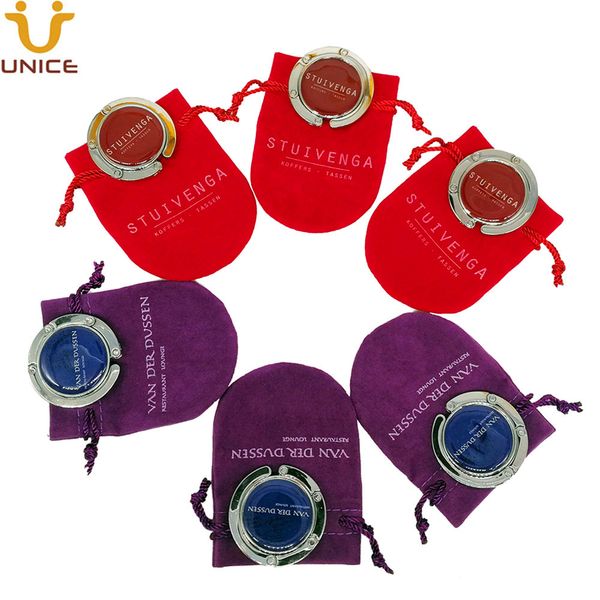 

moq 50 pcs custom logo foldable bag hanger without mirror printed gift velvet pouch table purse handbag holder hook