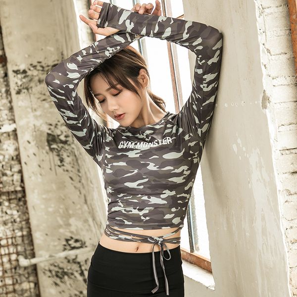 

yoga women camouflage gym clothing seamless crop compression running workout shirt women long sleeve, White;red