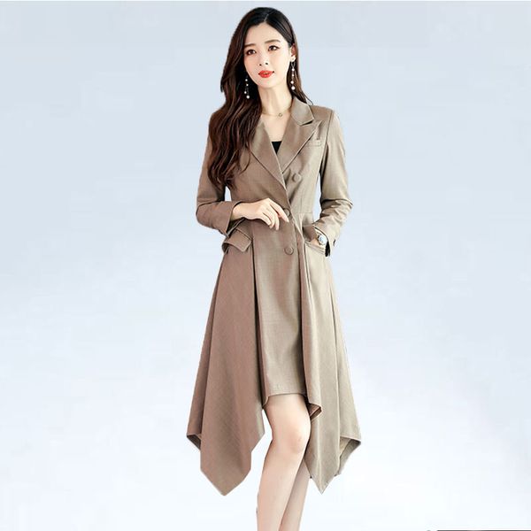 

women's trench coats windbreaker women medium length slim 2021 spring autumn large size suit collar jacket casual coat female, Tan;black