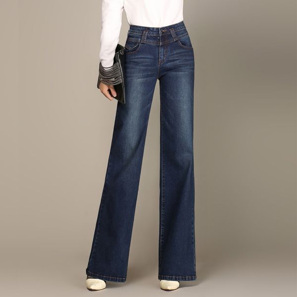 

womens wide leg jeans for autumn winter high waist straight long jeans female fashion vintage washed simple style, Blue