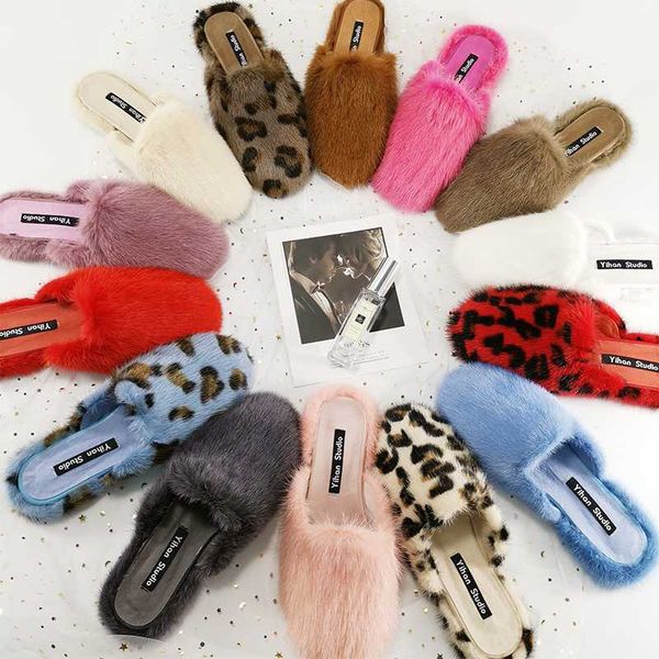 

slippers european station fashion ladies fur 100% mink flat, Black