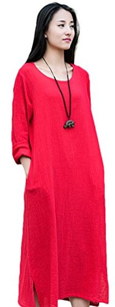 

soojun women's essential cotton linen long sleeve split hem baggy maxi dresses, Black;gray