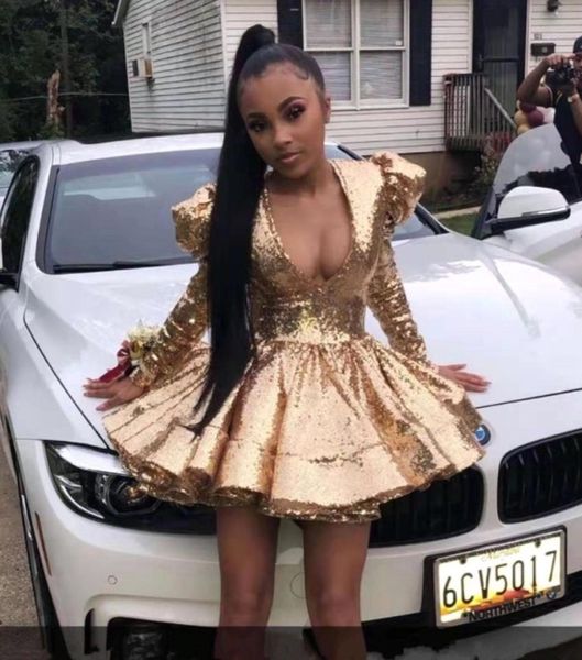 

african girls gold mini short cocktail homecoming dresses 2020 a line deep v neck sequins long sleeve ruffles mini prom evening gowns bc2665, Black