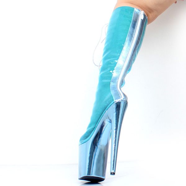 

peep toe party nightclub knee-high boots women metallic blue 20cm super high spike heel platform lace-up boots 2019 new, Black