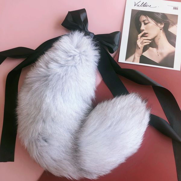 

40cm/16" real genuine blue fox fur tail plug w silk metal stainless butt anal plug ser, Silver