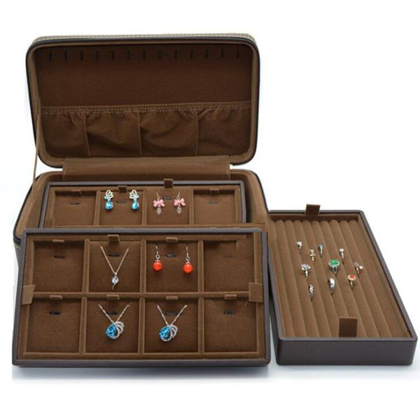 

leather jewelry box three-layer storage box for women earring ring cosmetic organizer casket for jewelry organizer, Pink;blue