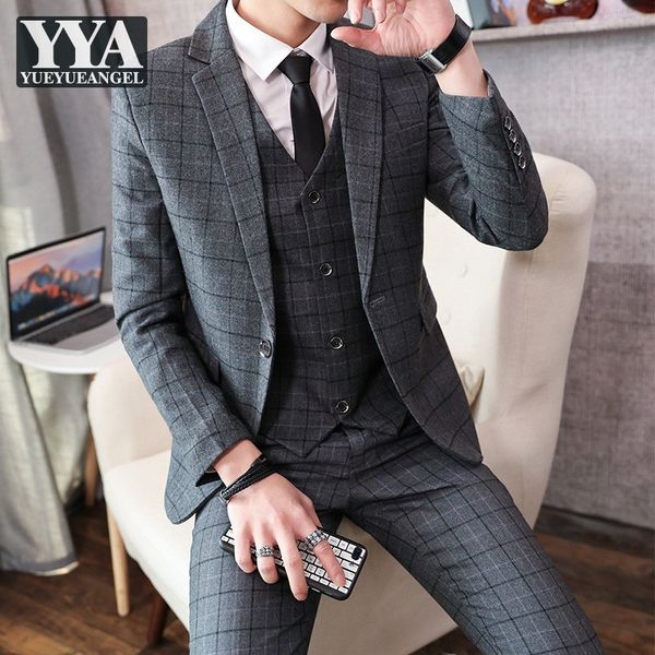 

2020 mens three piece formal office business plaids suit wedding groom suits male plus size m-5xl dress suit (blazer+vest+pants, White;black