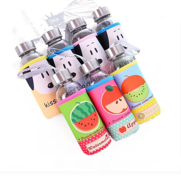 

новый стеклянный спорт бутылка воды с защитной сумкой 300-330 мл фрукты открытый велосипед милый мультфильм животных бутылки с крышкой пояса