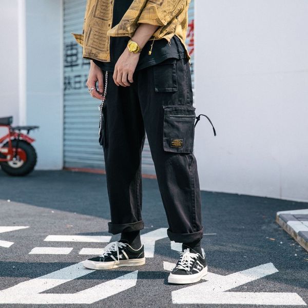 

four seasons fashion simple old men's pants overalls student pants solid color loose straight tube cloth ins style, Black