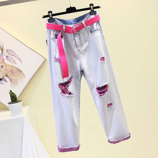 

2009 spring summer light blue hole jean woman hallen broad-legged 9-cent jeans women loose denim pants students cowboy trousers