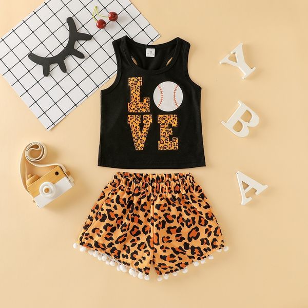 

summer kids baby girls casual baseball printing outfit sets children sleeveless t-shirt leopard print short pants kit 2pcs, White
