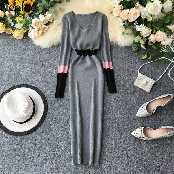 

neploe ins v neck high waist hip skinny sweater dress contrast color patch long pull femme vestido fall winter bottom ropa, Black;gray