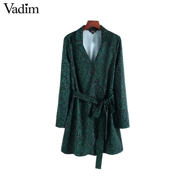 

vadim women v neck snake print mini dress animal pattern bow tie elastic waist long sleeve casual chic dress vestidos qa765, Black;gray