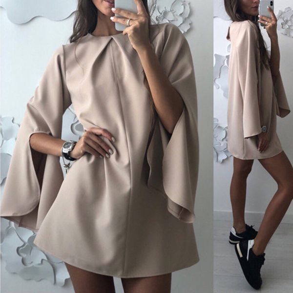 

split flare sleeve mini dress women o-neck draped loose casual dress, Black;gray