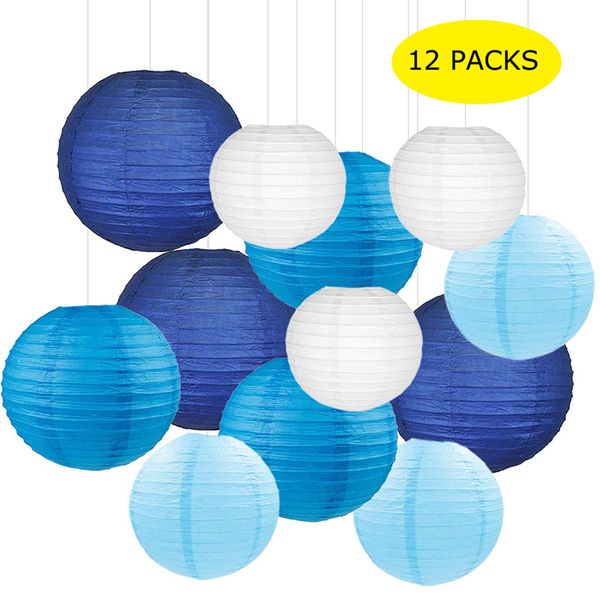 12Pcs / set 6-12inch Bianco Blu e azzurro carta cinesi Lampion lanterne assortiti Taglie per la festa nuziale Hanging Favore Decor