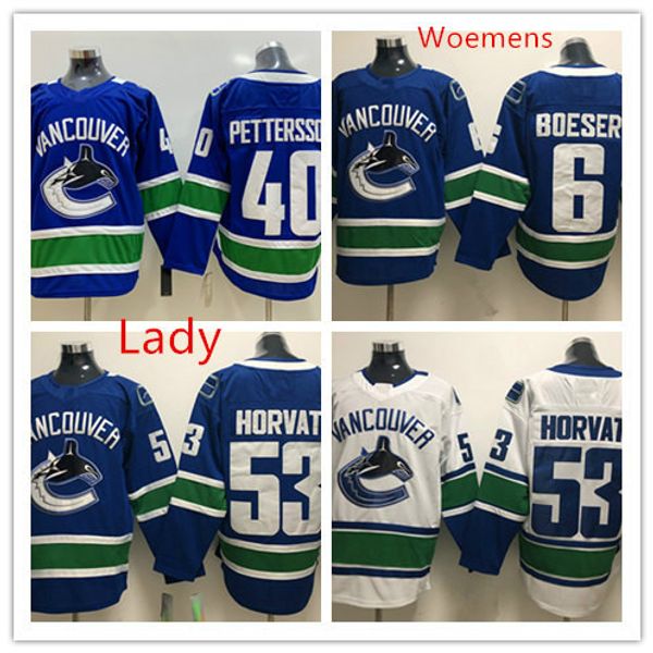 

womens vancouver canucks #40 elias pettersson hockey jersey lady stitched #6 brock boeser #53 bo horvat vancouver canucks jersey, Black;red