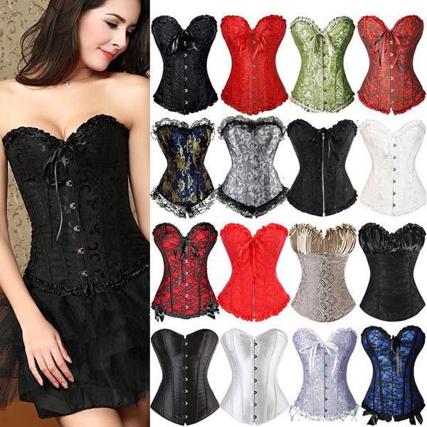 

plus size bustier corset gothic lace up overbust corselet steampunk body shapewear women slimming corset satin bone 6xl, Black;white
