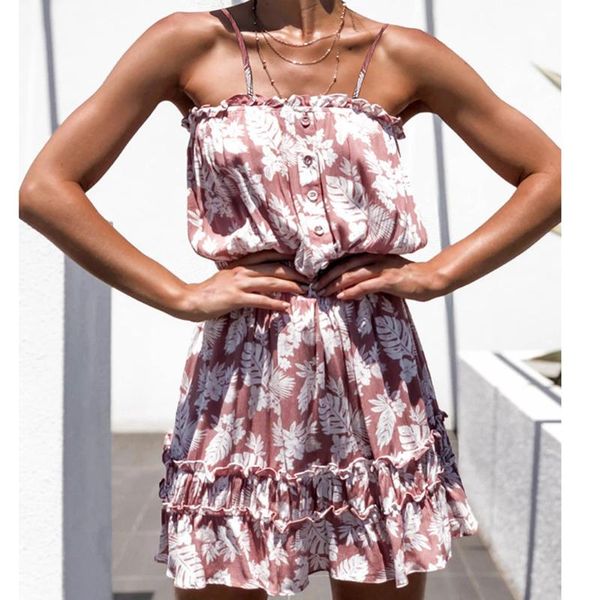 

2020 2020 floral print boho dress women sling off shoulder party dress elegant beach sleeveless buttons ruffles dresses, Black;gray