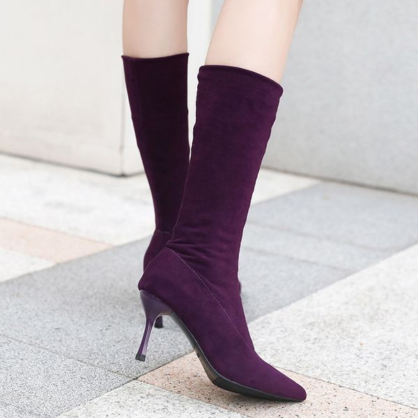 

women's boots non-slip fine heel high tube boot leisure scrub elasticity shoes fashion winter warm lady footwear, Black