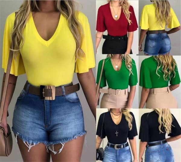 

простые сплошной цвет женщины конструктора tshirts лето тонкого v шея белл рукав мода feamle одежда, White