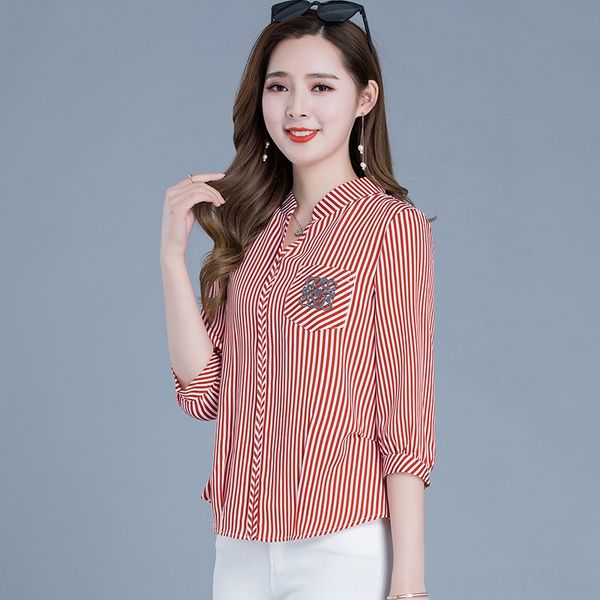

2020 summer dress slim temperament casual striped women all-match dress shirt seven-part sleeve short base shirt, White
