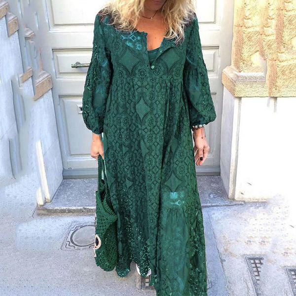 

plus size 5xl lace boho women's maxi dresses hollow out lantern sleeve long dress female 2019 autumn korean vestidos ladies, Black;gray