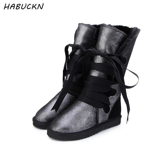 

habuckn new waterproof classic snow boots genuine leather fur women boots fashion warm winter us 3-13, Black