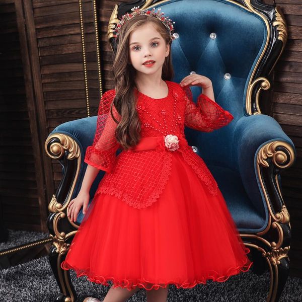 

2020 princess girls children's piano show dress, Red;yellow